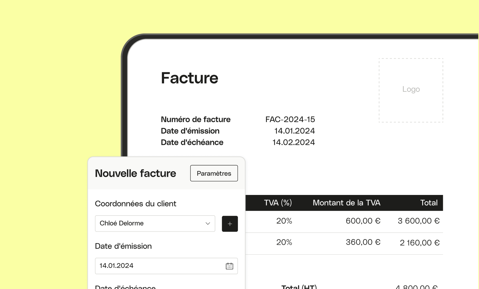 Interface utilisateur Web Cartes moutarde Bento Titre Création de facture